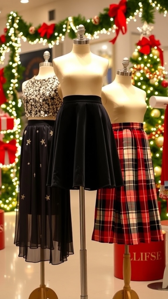 Festive skirts for Christmas party outfits, including sequined, velvet, and plaid styles, displayed with holiday decorations.